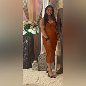 Fashion Nova Rust Orange Corset-Detail Midi Dress